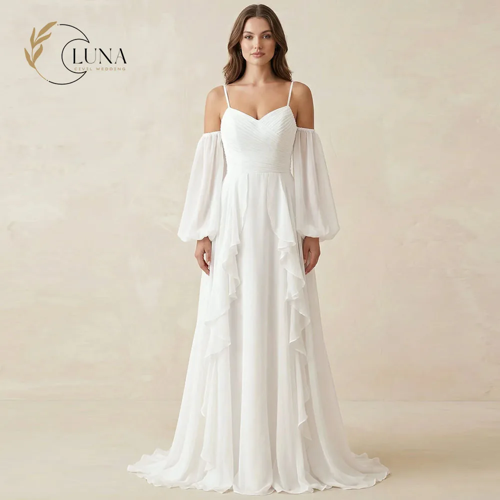 Luna Customized Ruffled Chiffon A-Line Civil Wedding Dress With Detachable Sleeves Spaghetti Straps Backless Long Bridal Gown
