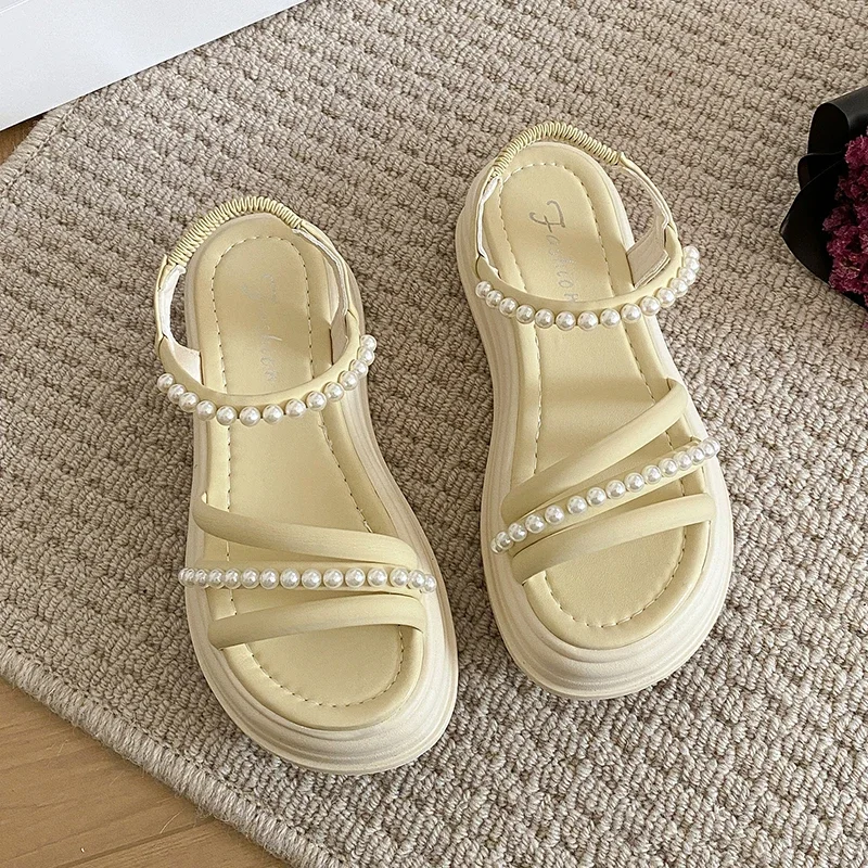 Letnie sandały damskie z okrągłym noskiem Hollow Beach Ladies Shoes String Bead Sandals Platform Shoes for Women Pearl College Sandals