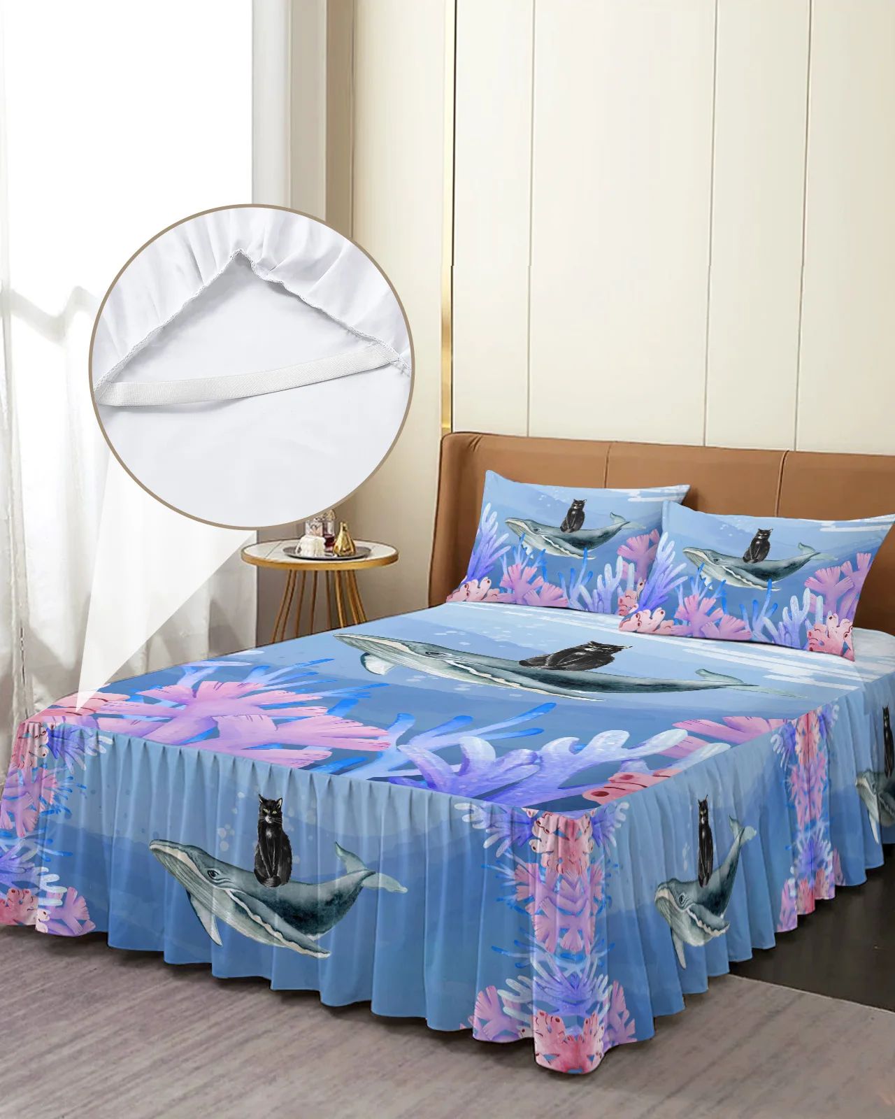 Cartoon Ocean Deep Sea Whale Animal Bed Skirt Elastic Fitted Bedspread With Pillowcases Mattress Cover Bedding Set Bed Sheet