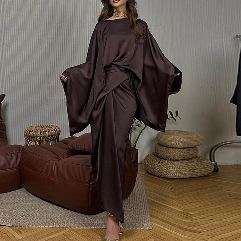 Women Sexy Solid Slim Bodycon Suit 2024 Spring O-neck Batwing Sleeve Top Pullover & Boho Long Skirt Outfit Autumn Satin 2pcs Set