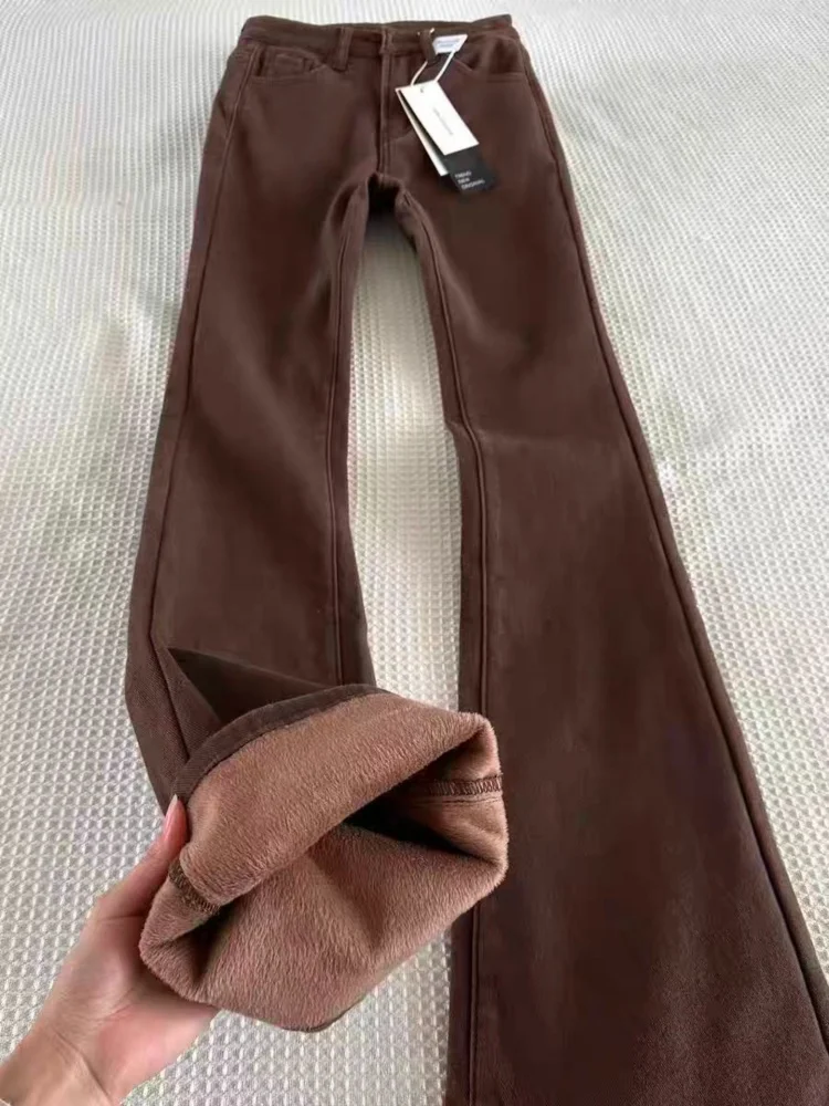 

Fce Lined Thiened Bell Bot Jeans Women's Winter plus Size Elastic Slimming High Waist Denim Pants Casual Comfortable