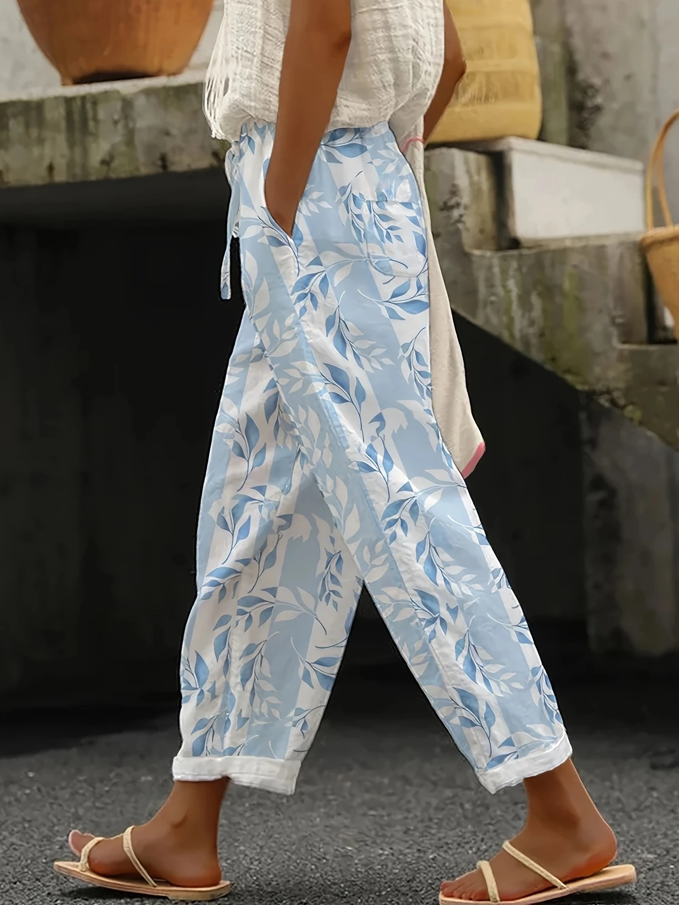 Women Fashion Elastic Waist Wide Leg Long Trousers Pockets Casual Floral Printed Loose Female All Match Pants New