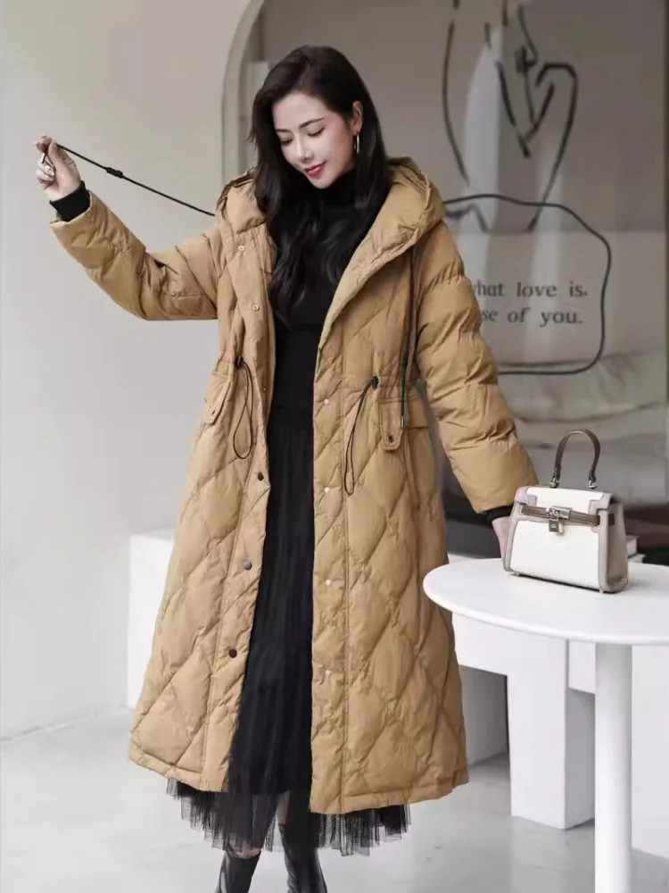 

Winter Warm Coat Fashion Rhombus Long Down Jacket Hooded Drawstring Warm Coat 2024 New Casual Versatile Long Parka Coat