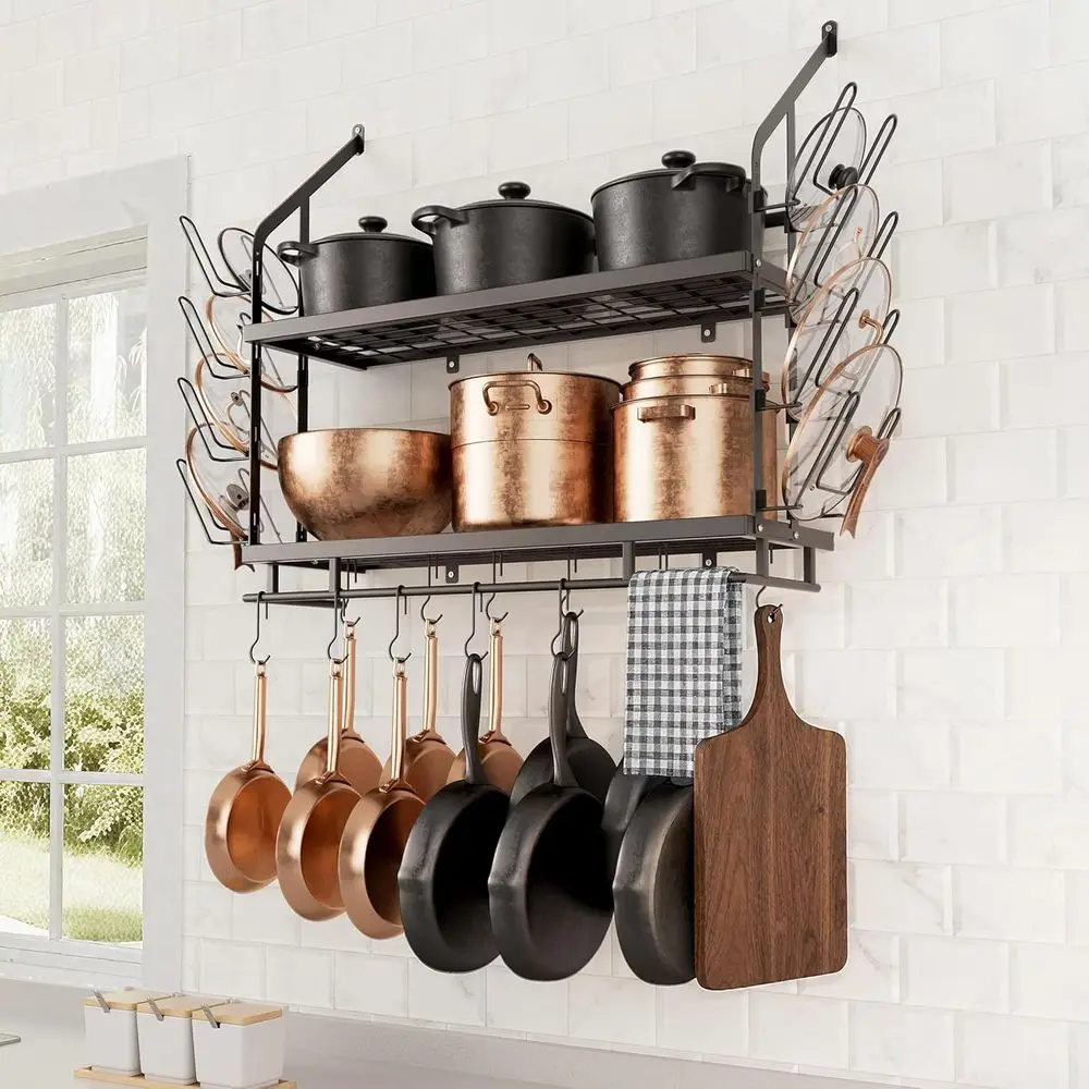 

30 Wall-Mounted Pot Rack with 8 Lid Holders & 12 Hooks, 2-Tier Organizer for Kitchen Cookware Storage