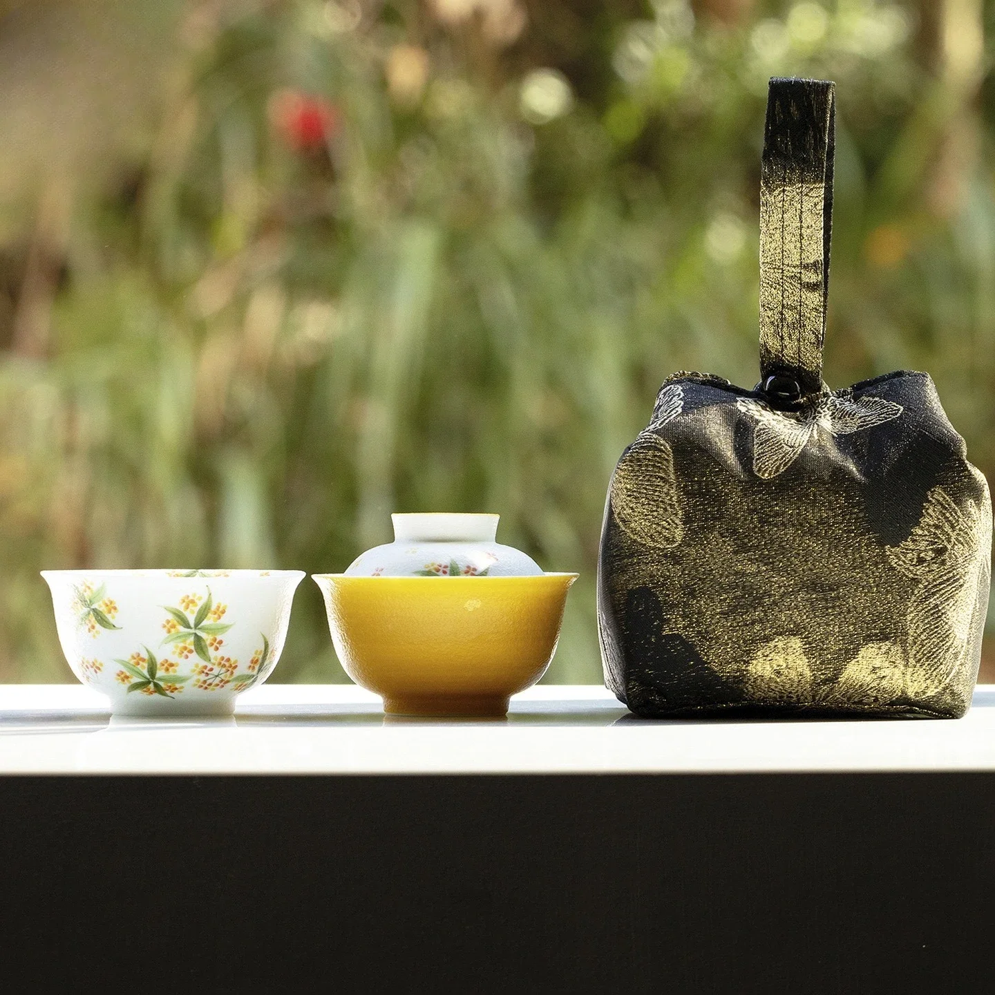 Hand-painted Plum Orchid Bamboo Osmanthus Portable Storage Travel TeaSet Outdoor Business Trip 1 Bowl 1 Cup Set Express Cup Gift