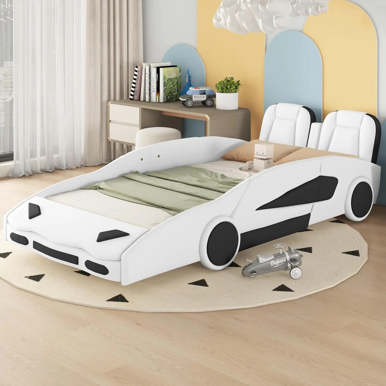 Twin Size Race Car Bed For Kids,Cool Car Bed Frame With Wheels For Boys,Race Car-Shaped Kids Twin Bed With Guardrail For