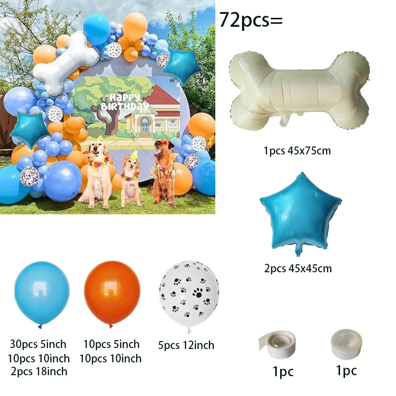 72pcs Dog Paw Bone Balloon Arch Garland Kit Macaron Blue Orang Balloons Animal Party Decorations Baby Shower Supplies