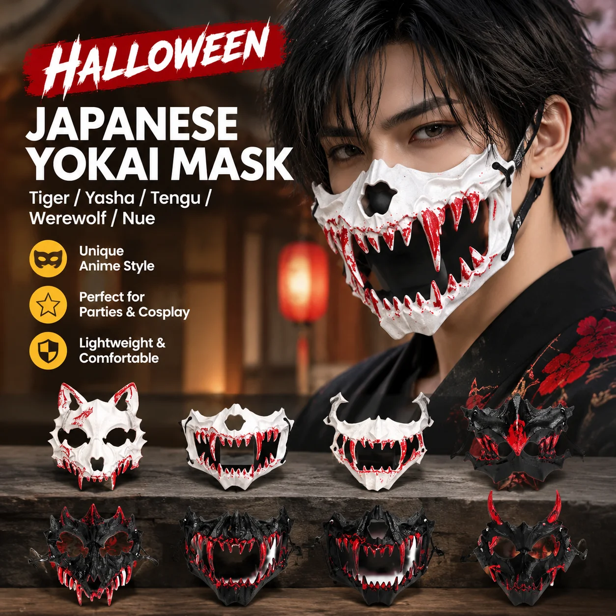 Halloween Japanese Yokai Half-Face Blood Mask Tiger Yasha Tengu Werewolf Nue Anime Party Mask