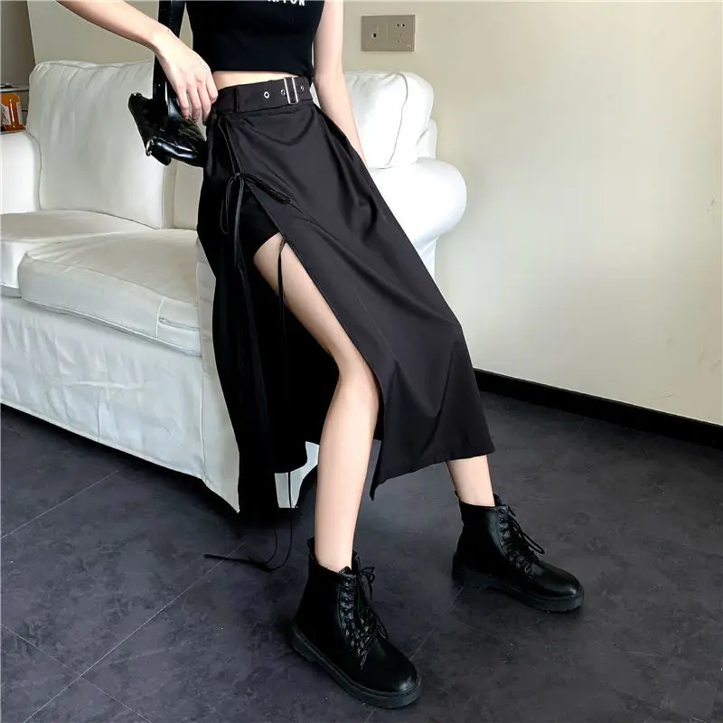 Midi Skirts Women Irregular Side-slit Chic Gothic A-line Streetwear Summer Cool Hip Hop Personality Lace-up Design Students OOTD