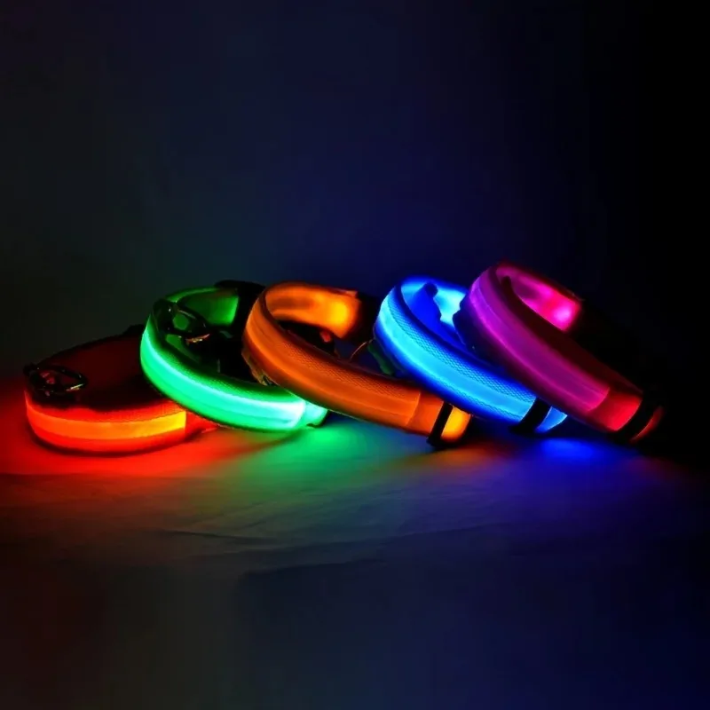 Nylon LED Night Safety Flashing Glow In The Dark Dog Leash Dogs LED Luminous Fluorescent Pet Dog Collar Night Warning Dog Collar