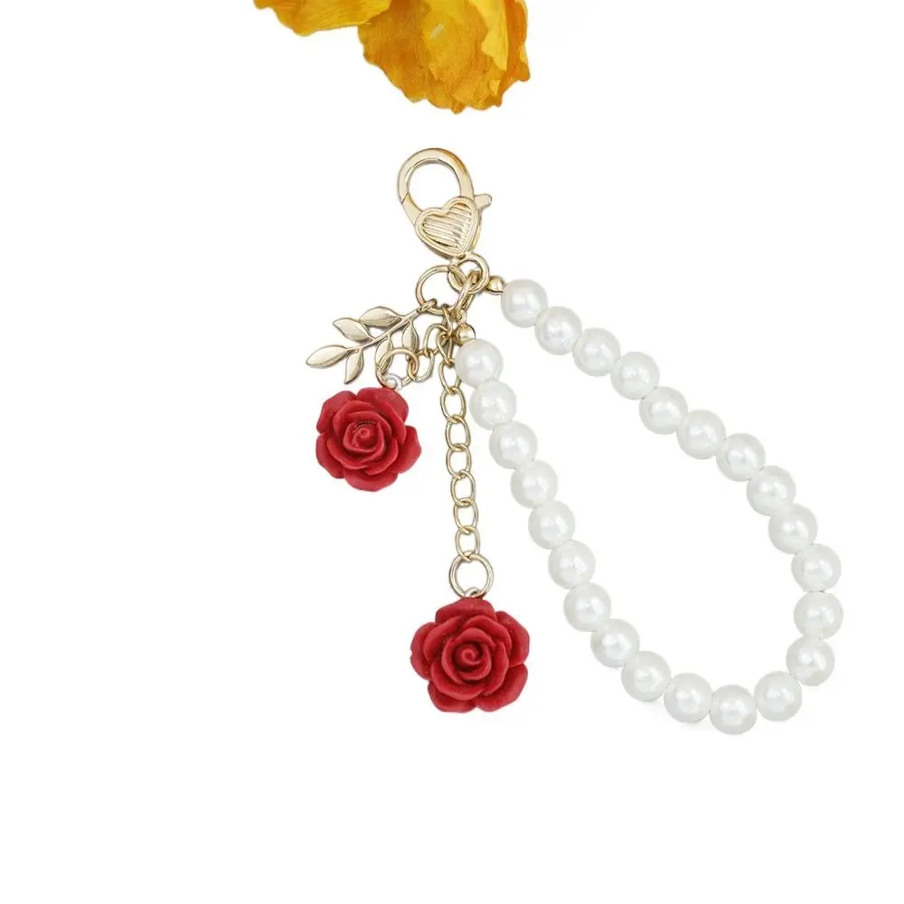 2024 3D Rose Keychain Pearl Leaf Bag Pendant Metal Elegant Keyring Handbag