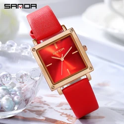 SANDA Women Square Sport Watches Fashion Leather Strap Analog Quartz Wristwatch Big Dial Vintage Elegant Ladies Watch Reloj Muje