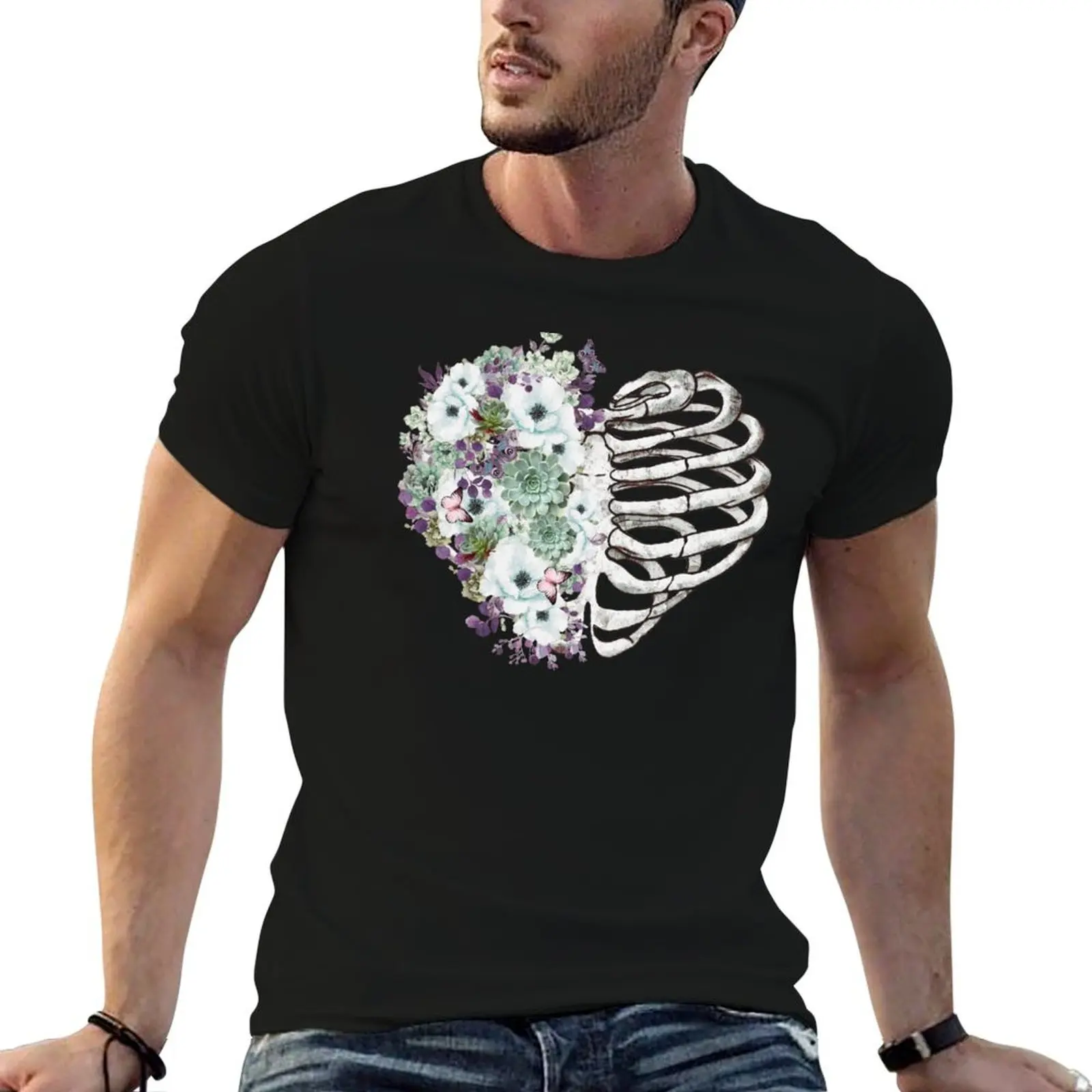 Rib cage heart shape and flowers succulents plant, rib cage, anatomy heart, skeleton ribs T-Shirt