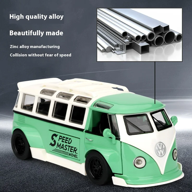 Diecast 1/32 Volkswagen Bus T1 Alloy Modified Bus Model  Sound & Light Toy Home Interior Decoration Collection Gift for Boys