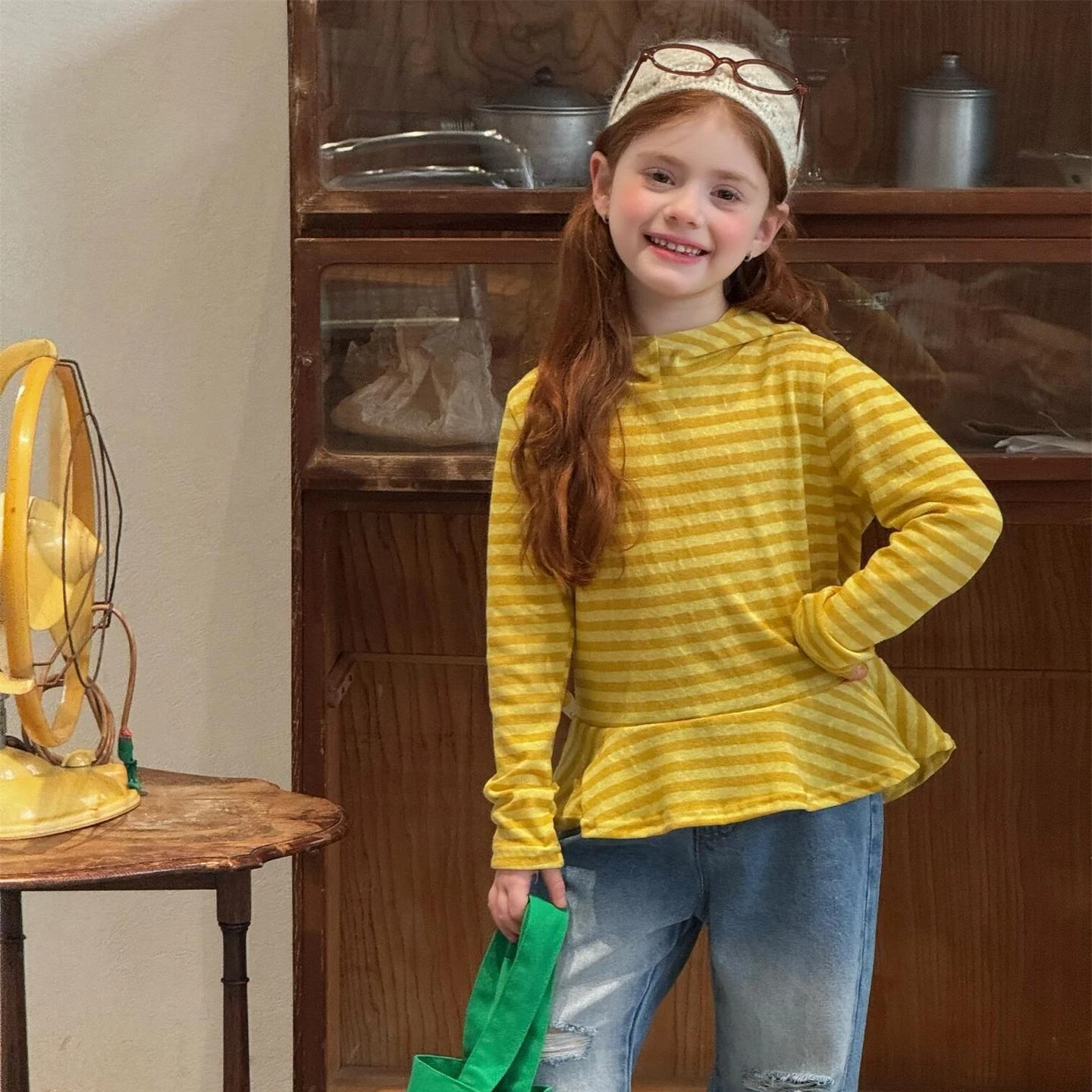 

Girls T-shirt 2026 Spring and Summer New Childrens Clothing Korean Style Girl Baby Fashion Yellow Striped Hooded Pullover