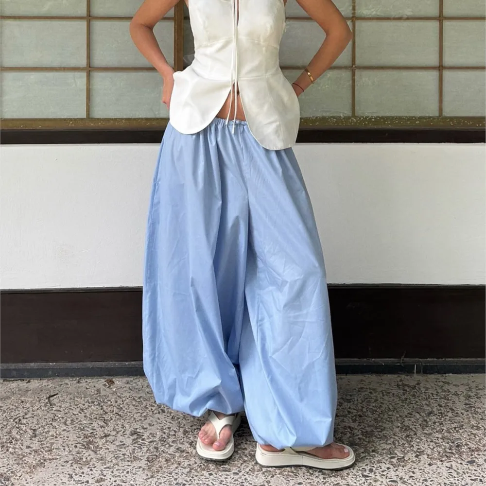 

Casual Summer Pants Solid Color Loose Comfortable Fashionable Lazy Style Pure Cotton Lace Up Mid Waist Wide Leg Lantern Pants