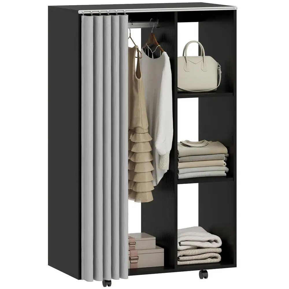 Armoire Penderie Mobile à Roulettes avec Tringle à Vêtements et Étagères Ouvertes X X Cm Noir