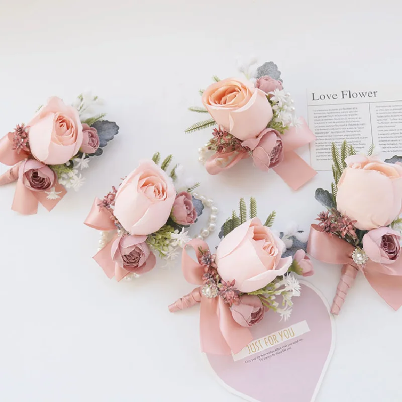 Boutonniere y Corsag de muñeca rosa, suministros de boda, flor de simulación Floral, celebración de negocios, invitados, 526