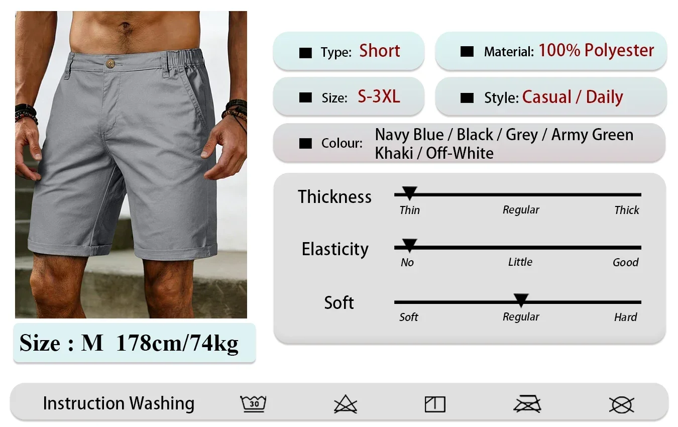 Herren-Cargo-Shorts, Sommer, elastische Taille, gerade Passform, einfarbig, lässige kurze Hose für Strand, Reisen, für den Außenbereich – Detail 3