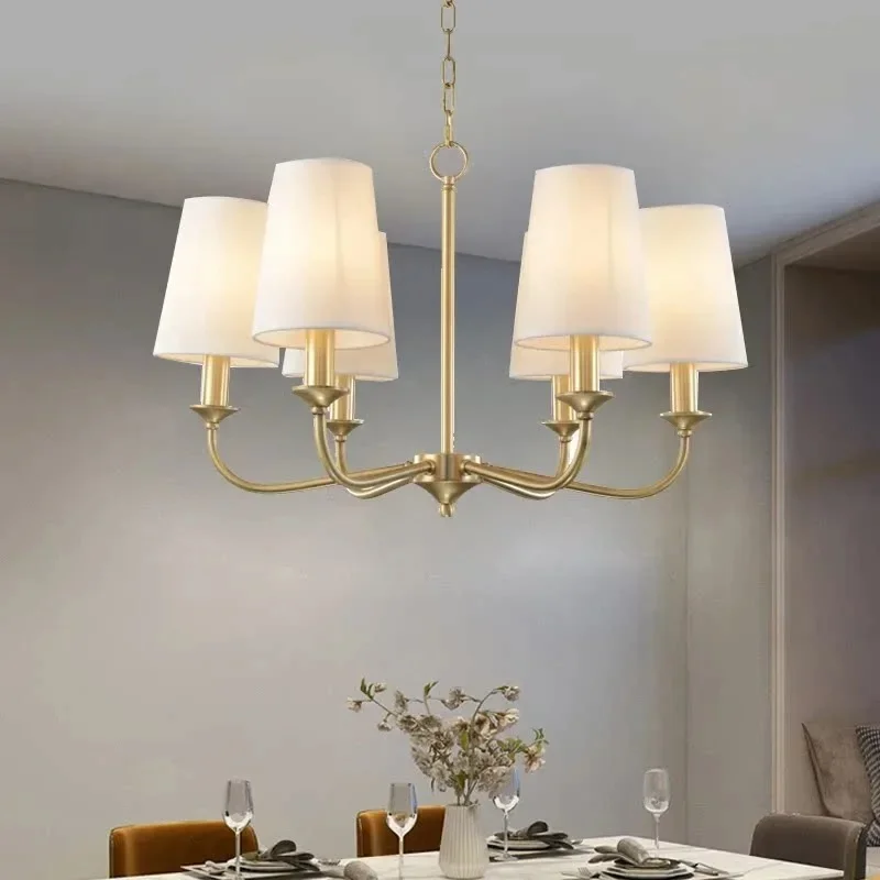 Vintage Chandelier White Tapered Fabric Shades Gold Farmhouse Pendant Lamp Classic Dining Room Living Room Ceiling Lighting