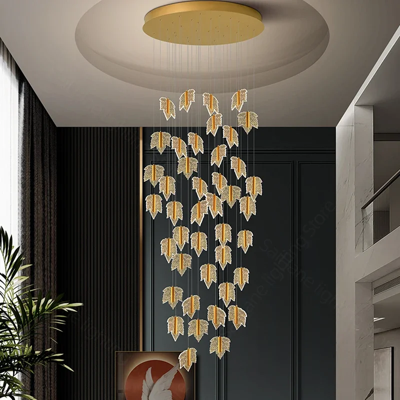 Modern living room staircase pendant light luxury maple leaf design lighting fixtures home decoration long line pendant light