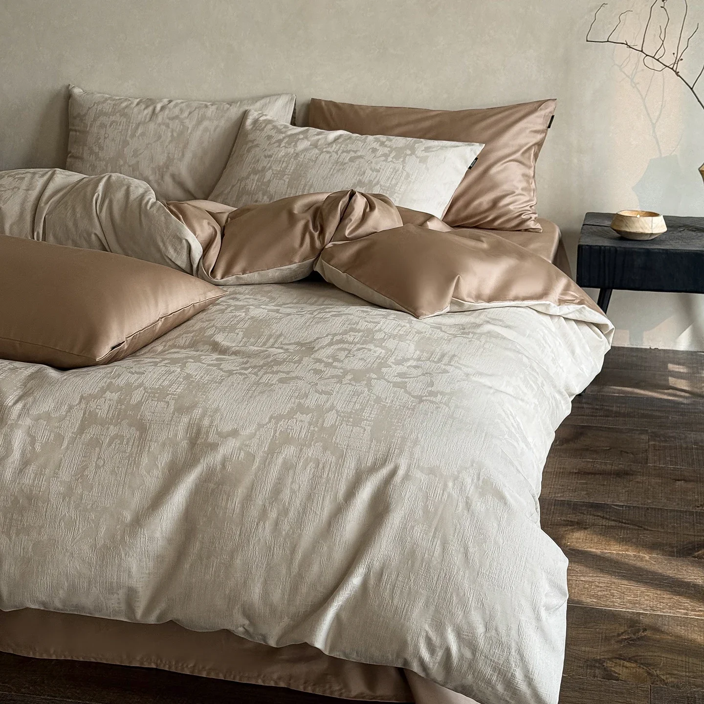 High-end Simple Solid 100S Satin Bedding Set Silky Comfortable All Cotton Jacquard Duvet Cover Luxury Skin-friendly Quilt Cover