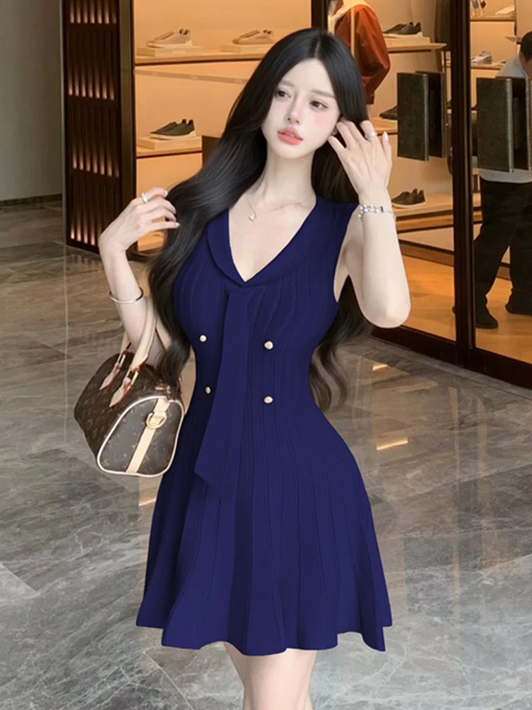 الملابس النسائية Kawaii لطيف سترة تاريخ محبوك فستان أنيق سترة حريمي مزدوجة الصدر القوس سوينغ ثوب الإناث عطلة Vestidos