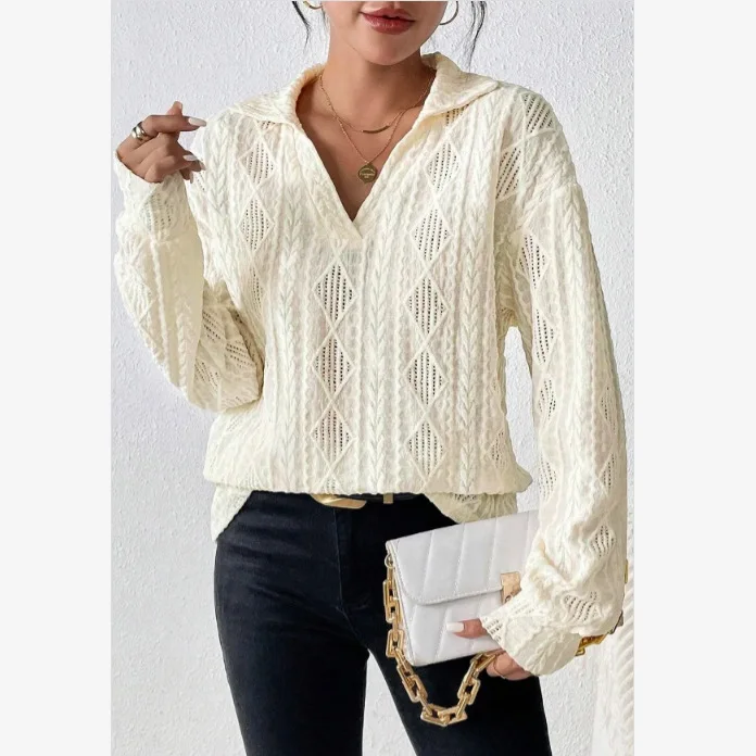 

Diamond Pattern Hollow Crochet Women's Lapel Open Sleeve Casual Drop Shoulder Elegant Long-sleeved T-shirt Clothing