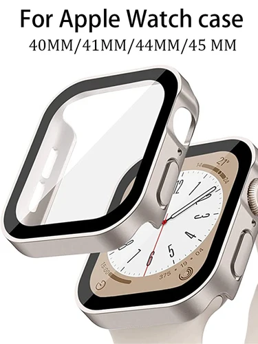 Imagen 1 del producto Vidrio templado + funda para Apple Watch band 44mm 40mm 41mm 45mm cubierta protectora de pantalla de borde recto iWatch series 9 8 7 6 5 se