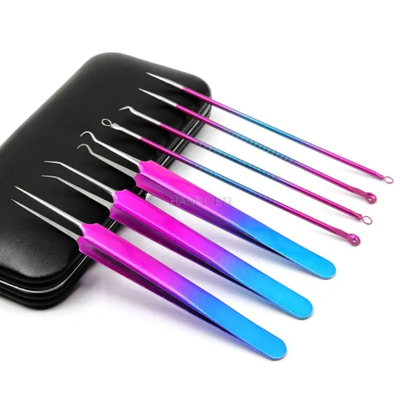 Kabura ze stali nierdzewnej z igłą do usuwania trądziku, klips do wyciskania zaskórników, siedem narzędzi do układania w stos, pokryte pięciokrotnie.