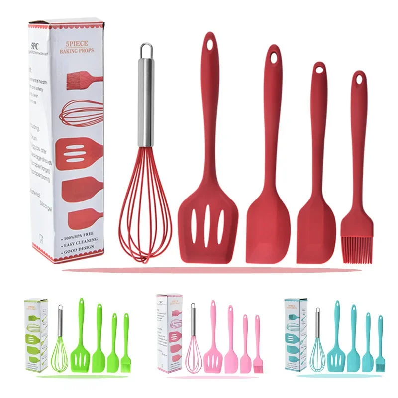 5 Pcs Kitchen Silicone Baking Tool Set Egg Oil Brush Drain Spatula Cooking Utensils Beater Cream Scraper