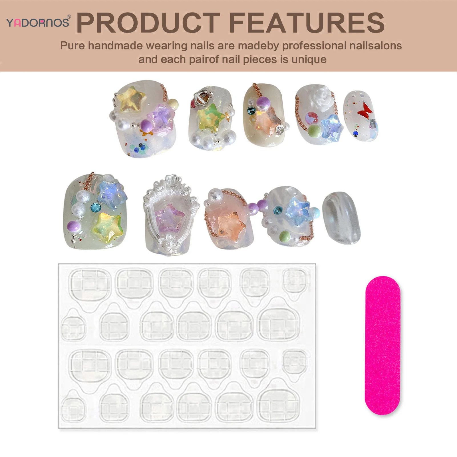 Uñas postizas 3D hechas a mano para mujer, diseño de estrella, flor y Perla, Color desnudo, manicura artesanal