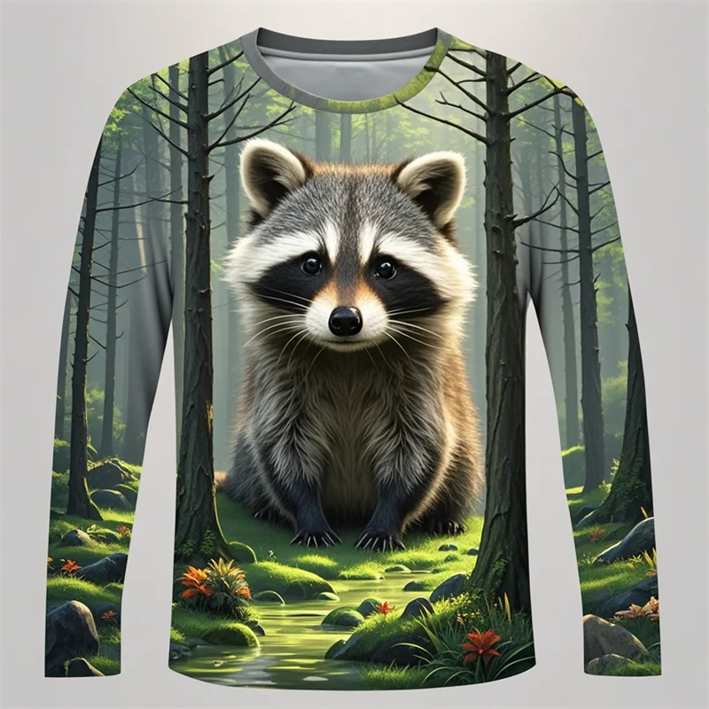 

3D Print Cute Raccoon Graphic T-Shirt For Men Funny Animal Pattern Long Sleeve O-Neck Tees Loose Breathable Comfortable Man Tops