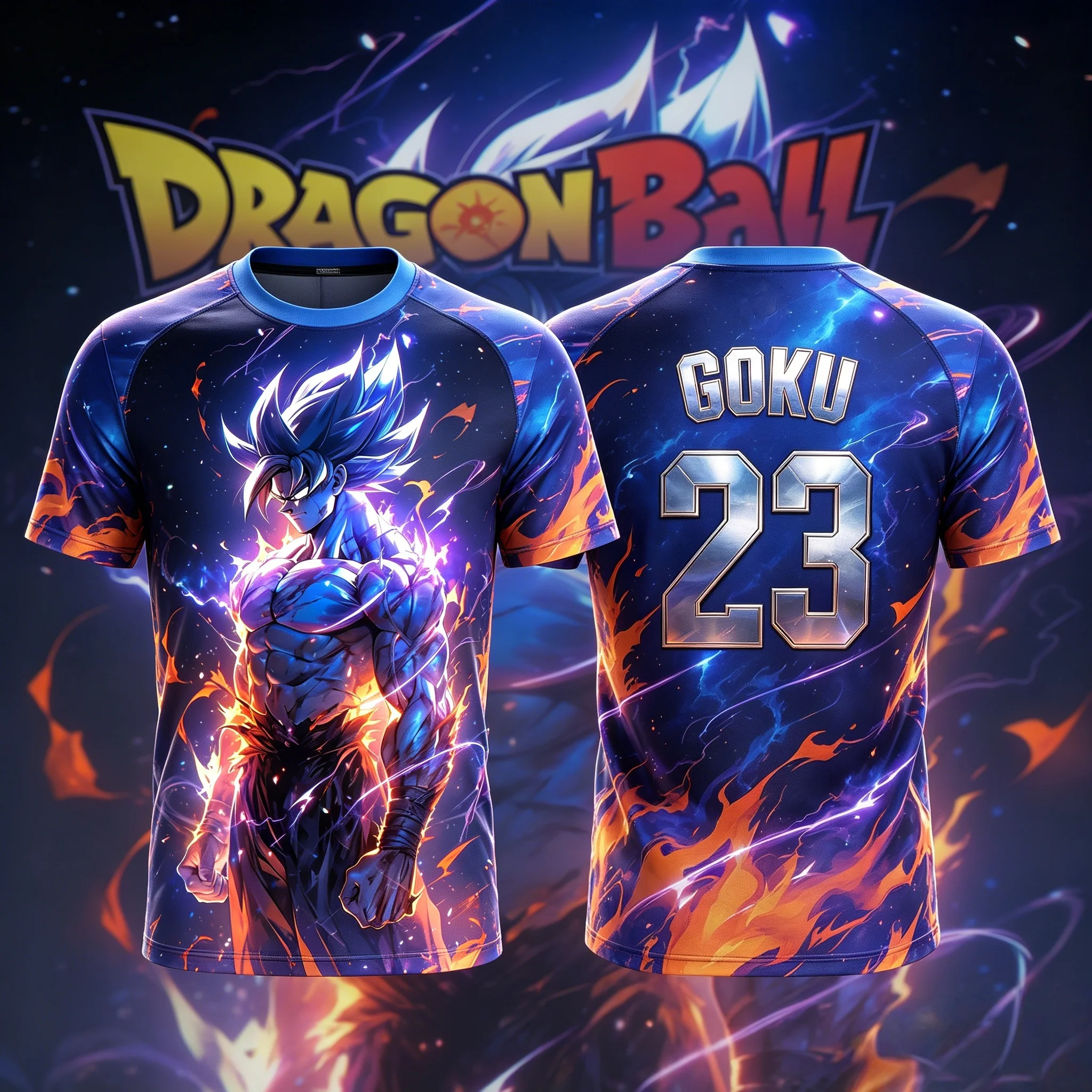 Dragon Ball Super Saiyan Blue Goku No23 Blue Purple Lightning Fire Print Men Soccer Jersey Quick Dry Anime Fan Sports T-Shirt