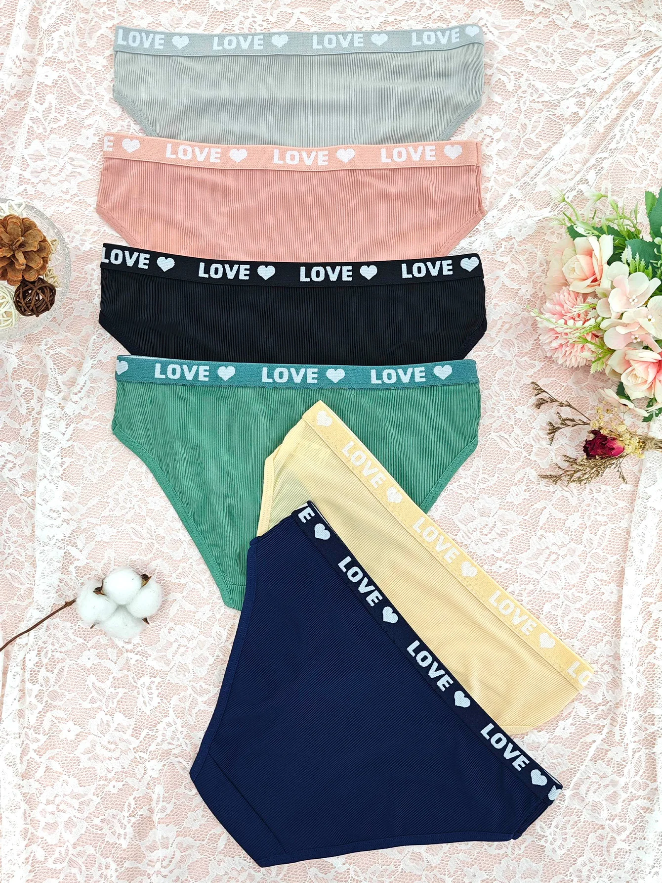 حزام على شكل قلب، سلسلة ألوان الحلوى، حدث رياضي، سراويل داخلية نسائية، طقم مكون من 6 قطع، ألوان مختلطة