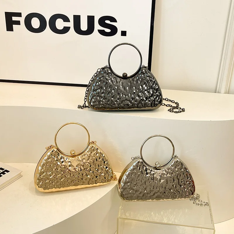 Round Handle Golden Evening Clutch Bags For Women Metal Texture Luxury Designer Purses And Handbags Wedding Party Crossbody Bag