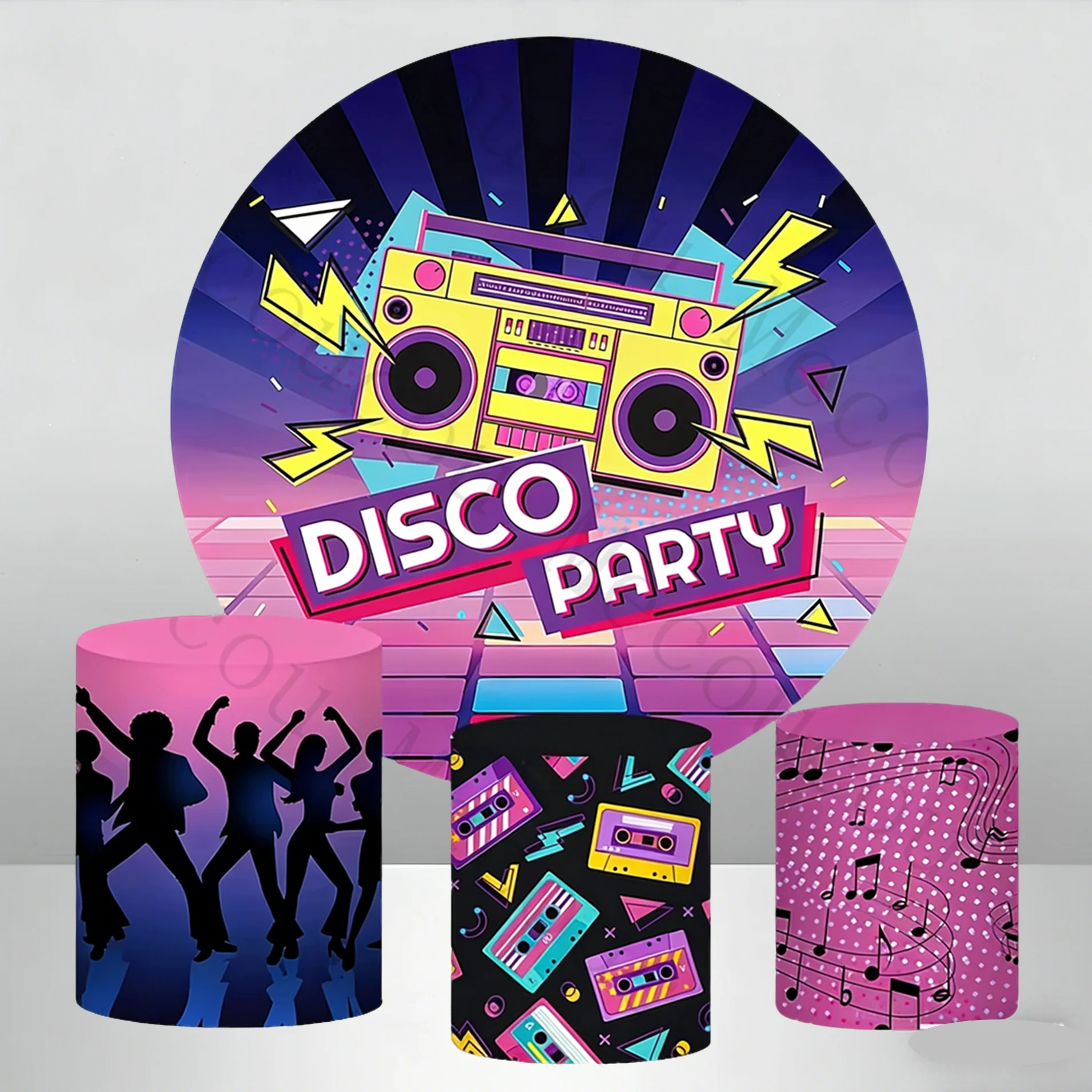 Terug naar de jaren 80 Retro Ronde Achtergrond Cilinder Cover Set Cassette Tape Neon Kleur Disco Party Verjaardag Decoratie Foto Achtergrond