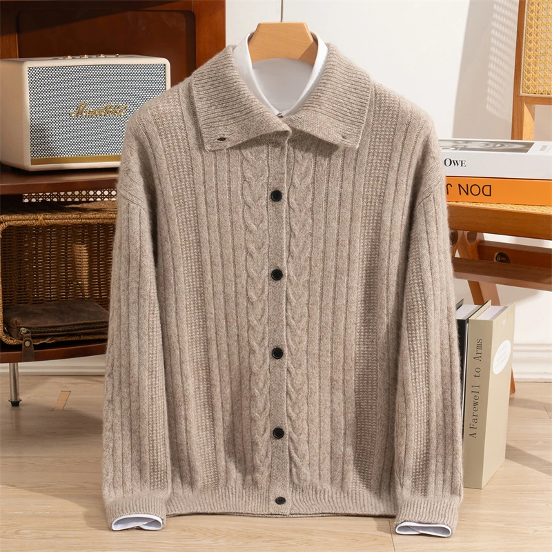 Men's 100% Cashmere Knitted Cardigan Casual Lapel Collar Flower Yarn Color Block Thick Coat Autumn Winter Versatile Buckle Tops.