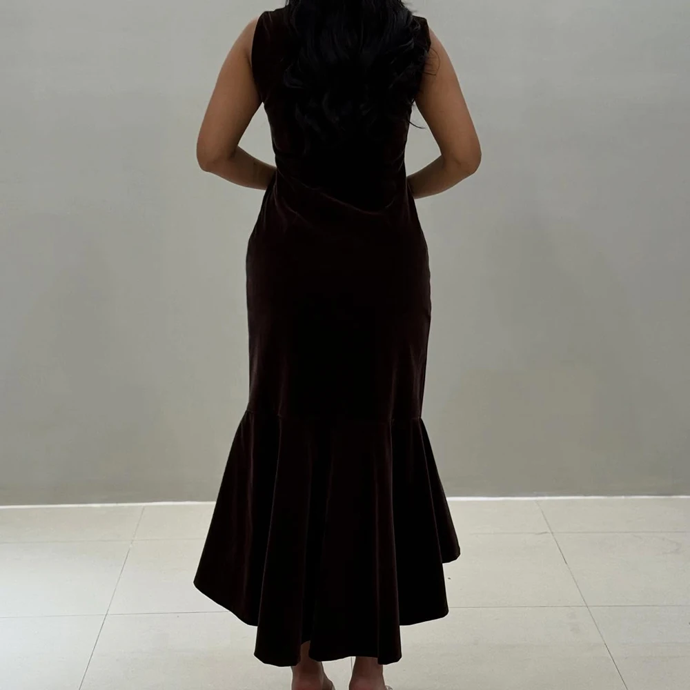 맞춤형 캐주얼 스트레이트 이브닝 드레스 티 길이 O넥 민소매 프롬 가운 심플 패션 드레이프 우아한 파티 가운