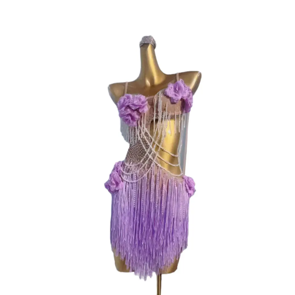 Escenario de baile latino para mujer, cuello de flor púrpura personalizado de alta gama, falda con borlas, vestido de disfraz de actuación con diamantes de imitación de Samba