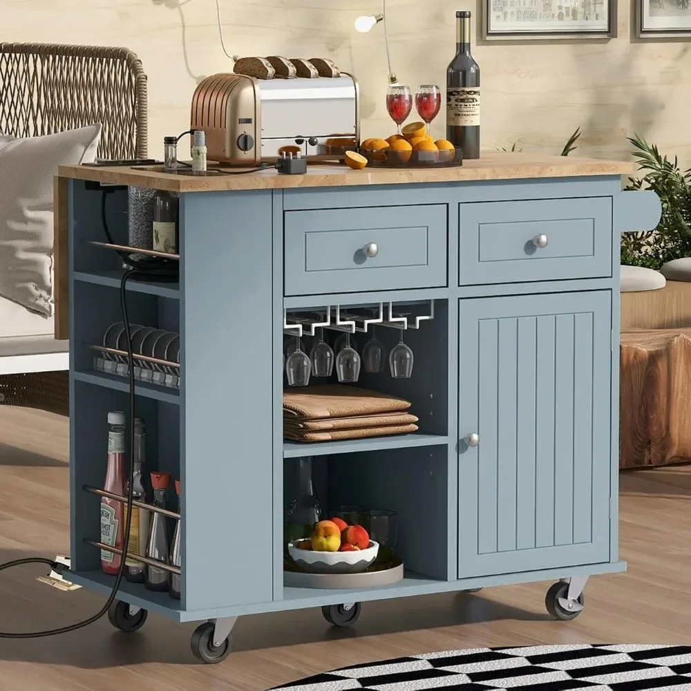 Isla de cocina con gabinete de almacenamiento, mesa con isla rodante, almacenamiento abierto y cajones dobles, carrito de bar con carritos con tapa abatible