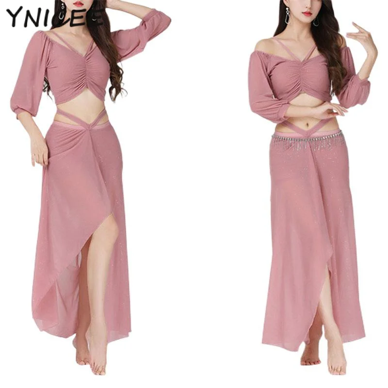 2PCS Women Oriental Belly Dance Lesson Wear Set Top Elegant Shirt Adult Practice Clothes Female Dancing Dancewear Performance