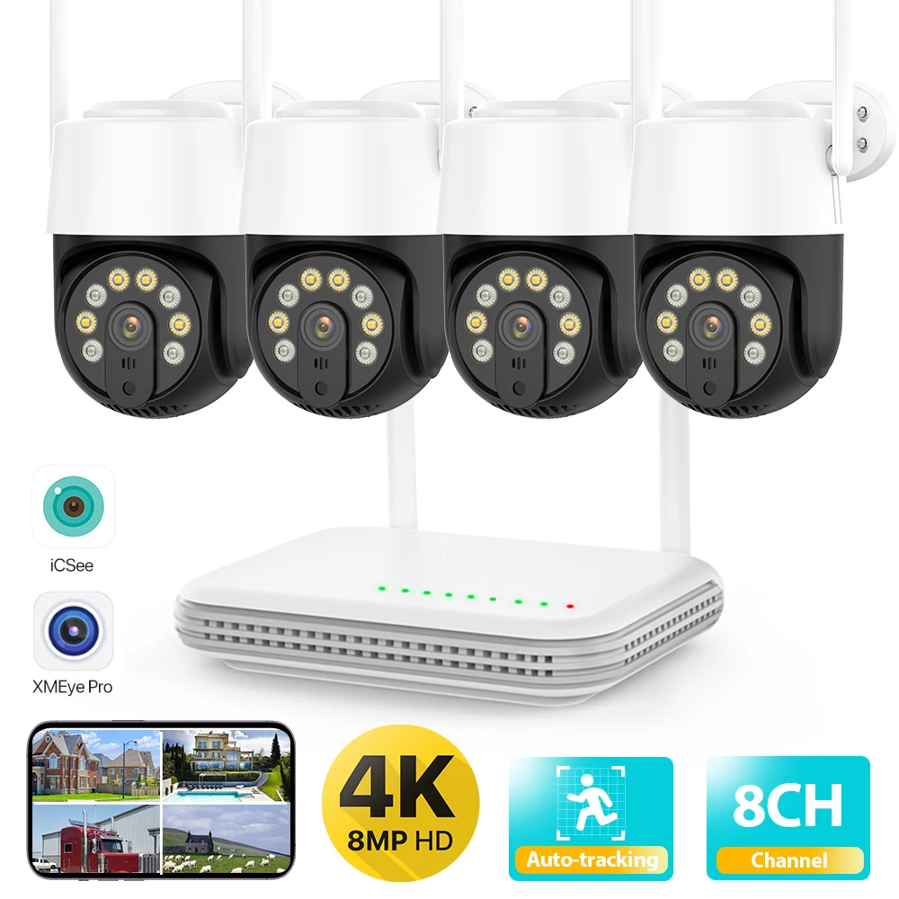 4K 8MP HD Kit Wireless IP Camera Home Security Proction PTZ WIFI Camera 8CH NVR Video Surveillance Two Way Audio iCSee