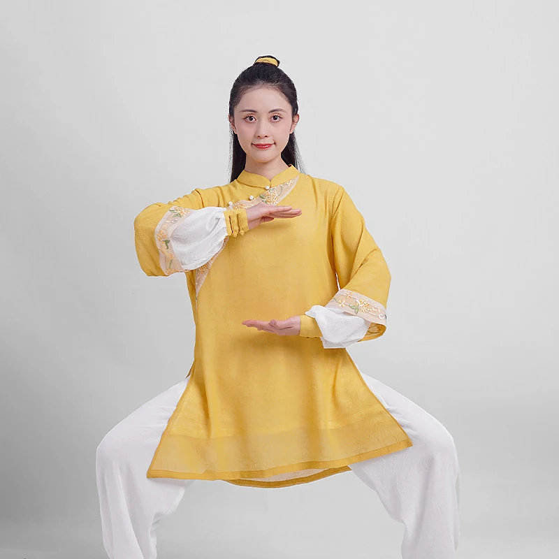 New Arrival Spring Summer Tai Chi Uniform - Chiffon Linen Color Block Outfit for Baduanjin Qigong Performance