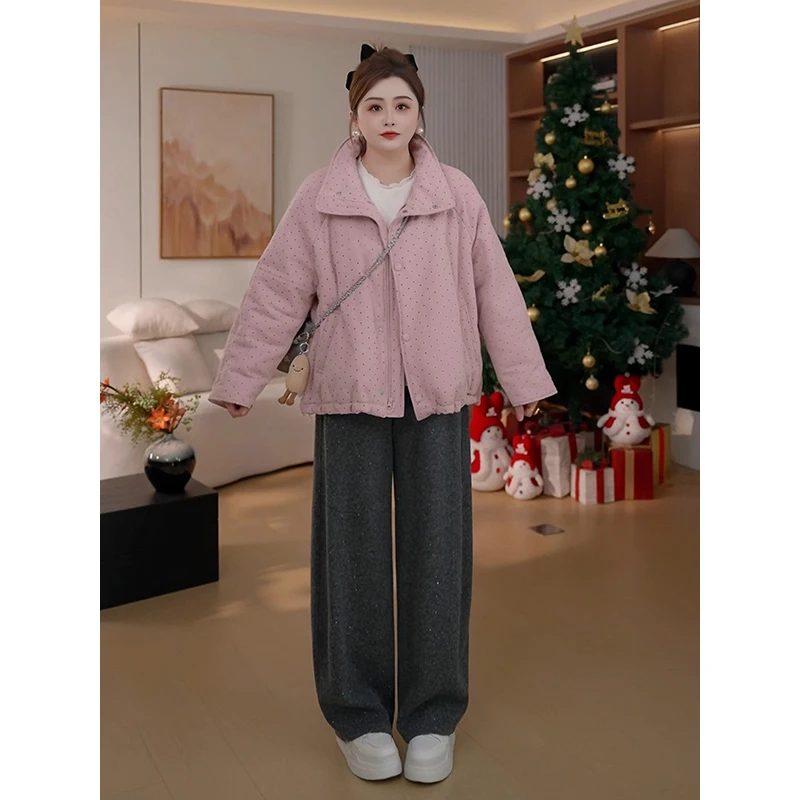 

Женская теплая хлопковая куртка больших размеров в горошек, мягкая розовая зимняя верхняя одежда, удобная длинная застежка-молния све