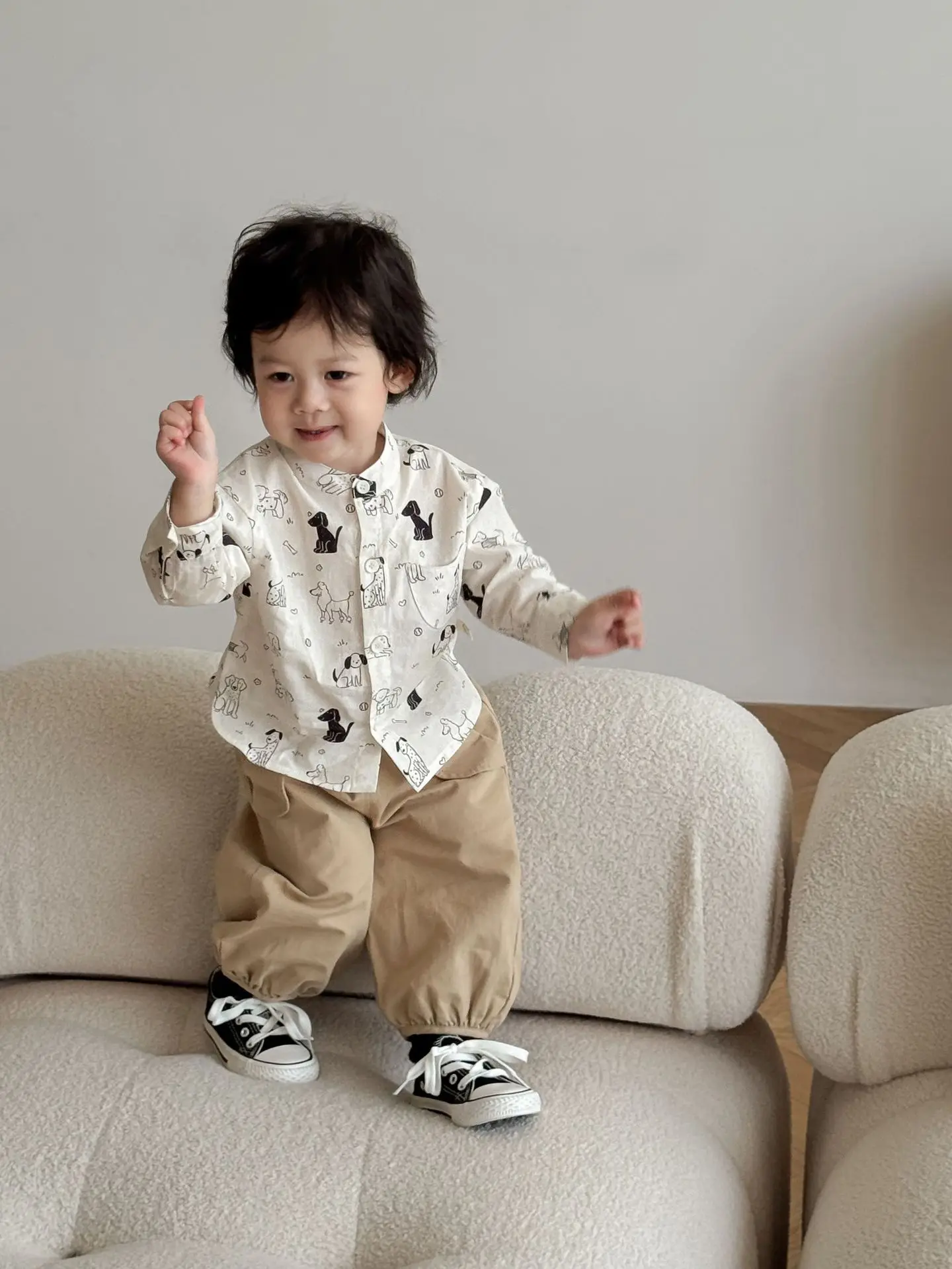 

2025 New Autumn Kids' Cartoon Shirt Boys' Puppy Printed Cotton Long Sleeve Shirt & Casual Loose Fit Pants Pants