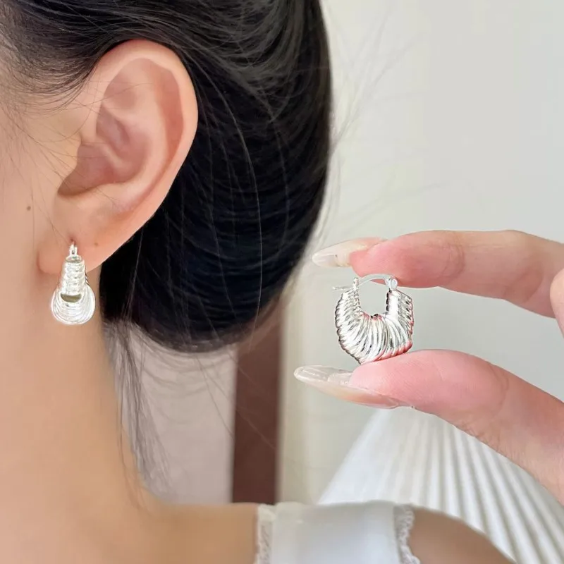 

PANJBJ 925 Sterling Silve Croissant Hoop Earring for Women Bread Texture Irregular Creativity Ins Jewelry Gift Dropshipping