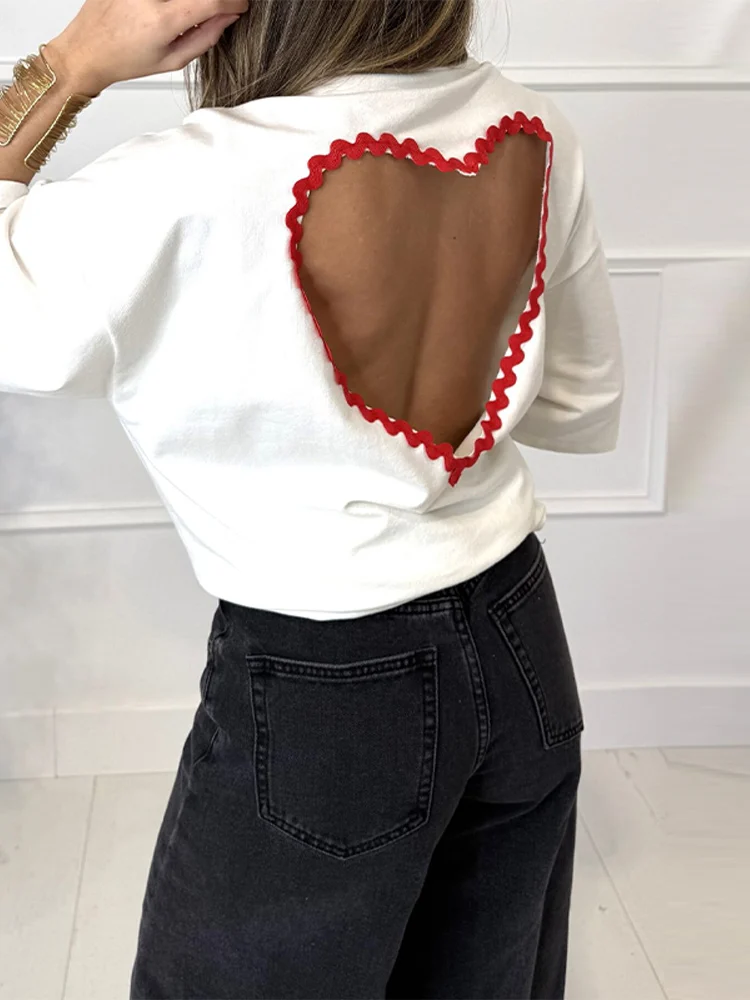 Back Hollow Out Women's T-shirt Daily Casual Round Neck Half Sleeve Loose Pullover Top Lady Summer Street Sport Solid T-shirt