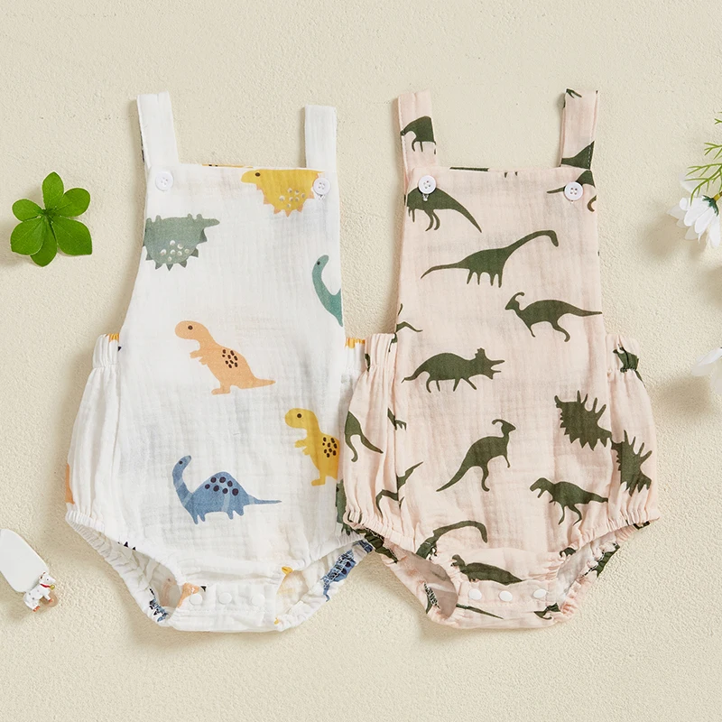 

Tregren 0-18M Newborn Infant Baby Boy Summer Casual Jumpsuit Sleeveless Cartoon Dinosaur Print Loose Fit Romper