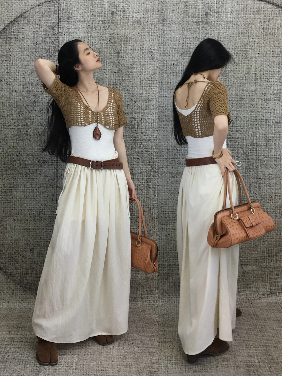 

Brown Lightweight Hand-Hooked Netie oulder-Bared Knitwear Simple Sle Loose Fit Hollow out Daily Wear Holiday ential